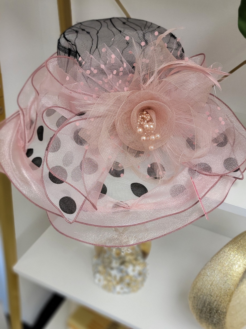 Elegant Pink Polka Dot Floral Derby Hat